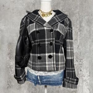 Grey and black plaid pea coat and big buttons,